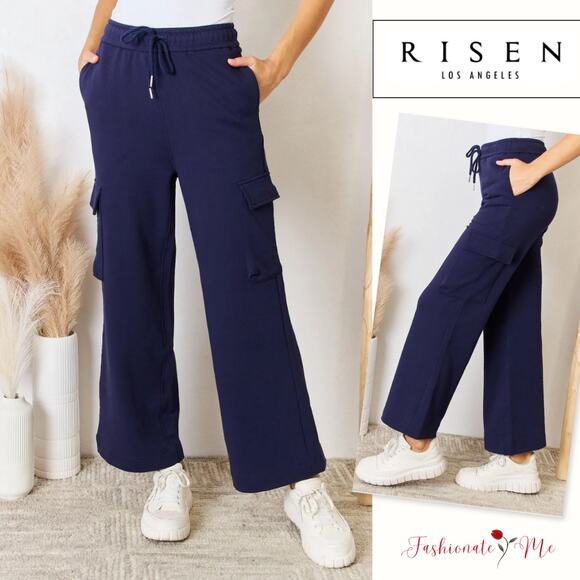 RISEN High Rise Drawstring Relaxed Fit Cargo Pocket Wide Leg Lounge PantsNavy